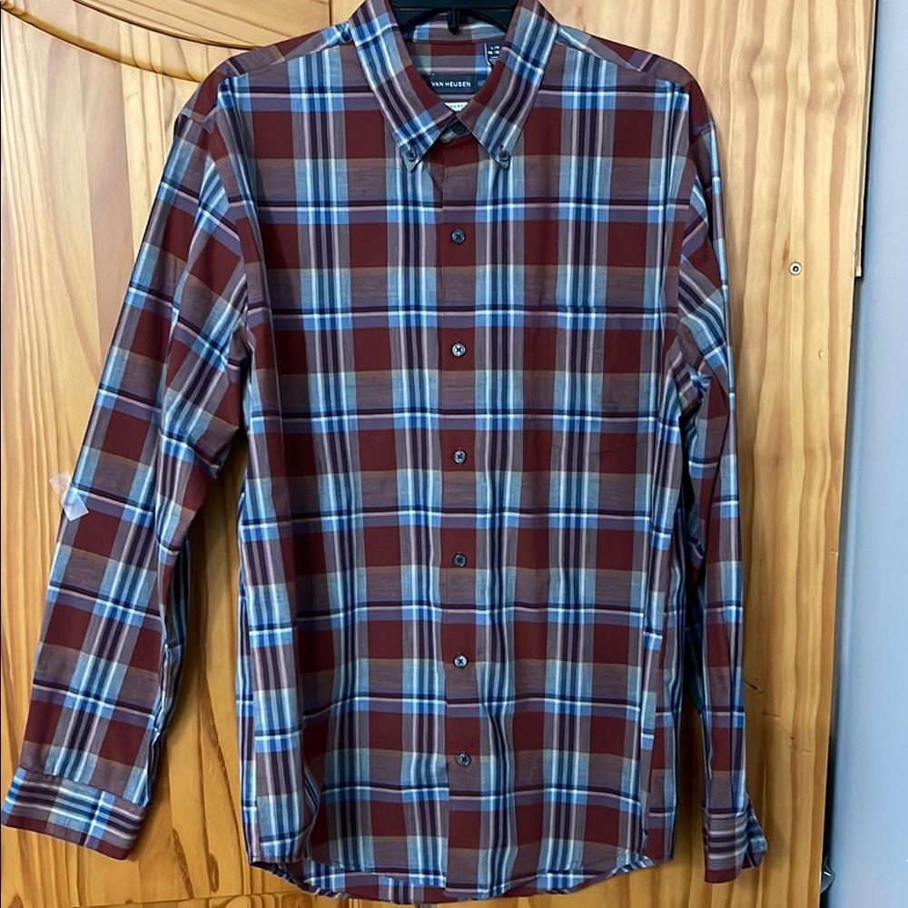 VAN HEUSEN PLAID BUTTON-DOWN SHIRT MENS L MAROON BLUE LONG SLEEVE DRESS SHIRT